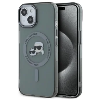 Karl Lagerfeld dėklas iPhone 15 telefonui, MagSafe IML Metal KC Heads, juodas