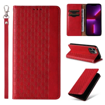 Atverčiamas dėklas iPhone 14 Pro Magnet Strap Case su pinigine ir stovu, raudonas
