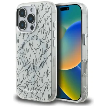 Karl Lagerfeld IML Karl Script Pattern MagSafe dėklas iPhone 16 Pro, baltas