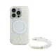 Guess iPhone 16 Pro dėklas IML Flowers Allover Electro su perlų dirželiu, baltas