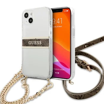 Guess iPhone 13 mini Case 4G Brown Strap Gold Chain, Transparent