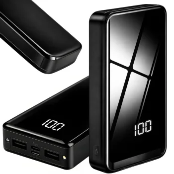 Išorinė baterija (Power Bank) 20 000 mAh, 4x USB, 2x LED žibintuvėlis, juoda