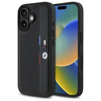 BMW dėklas iPhone 16 telefonui M Perforated Tricolor Detail Line, juodas