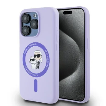 Karl Lagerfeld Silicone KC Heads Ring MagSafe Case for iPhone 15 Pro, Purple