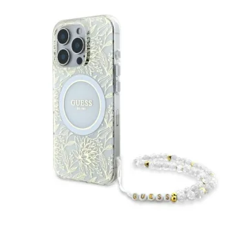 Guess iPhone 16 Pro dėklas IML Flowers Allover Electro su perlų dirželiu, baltas