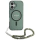 Guess dėklas iPhone 16 Plus telefonui IML Glitter MagSafe su perlų dirželiu, žalias