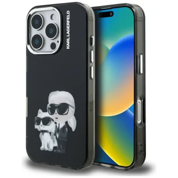 Karl Lagerfeld IML Aquarelle Karl & Choupette & Logo dėklas iPhone 16 Pro Max, juodas