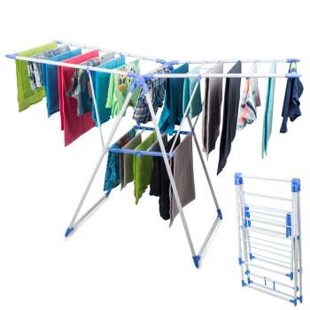 Large Foldable Clothes Drying Rack with 2 Levels, White-Blue