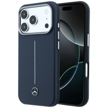 Mercedes Leather Semi Wrap Iconic Line MagSafe dėklas, skirtas iPhone 17 Pro Max, tamsiai mėlynas