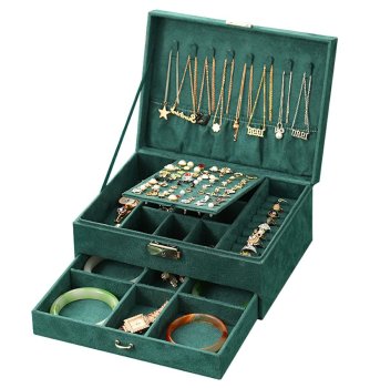 Velvet Jewelry Box Organizer with Drawer, Green
