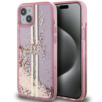 Guess dėklas iPhone 15 Plus / 14 Plus Liquid Glitter Gold Stripes, rožinis