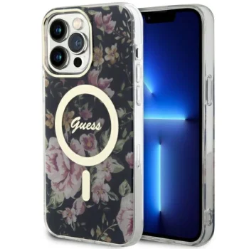 Guess dėklas iPhone 14 Pro Max telefonui Flower MagSafe, juodas