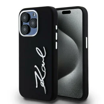 Karl Lagerfeld Silicone Metal Script Logo iPhone 15 Pro Max dėklas, juodas