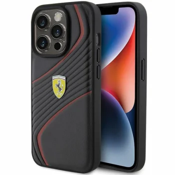 Ferrari Twist Metal Logo dėklas telefonui iPhone 15 Pro, juodas