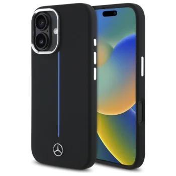Mercedes dėklas iPhone 16 telefonui Silicone Blue Stripe MagSafe, juodas