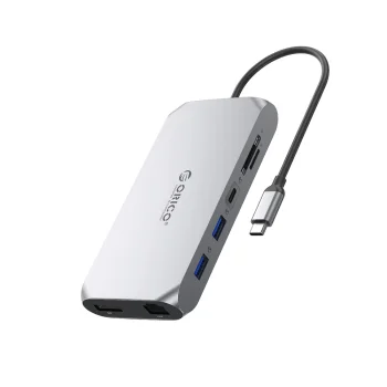 „Orico XCR“ 12in1 USB-C doko stotelė, 2x HDMI, DP 4K, PD 100W, RJ45, pilka