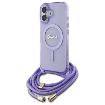 Guess dėklas iPhone 16 telefonui Crossbody Cord Script MagSafe, violetinis