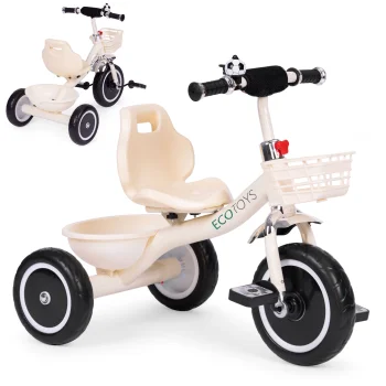 ECOTOYS vaikiškas triratukas su krepšeliais ir skambučiu, smėlio spalvos