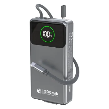 Dudao K31 Pro išorinė baterija, 20000mAh, 45W, su ištraukiamu USB-C laidu, pilka