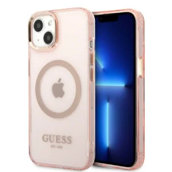 Guess Gold Outline Translucent MagSafe dėklas iPhone 13 telefonui, rožinis