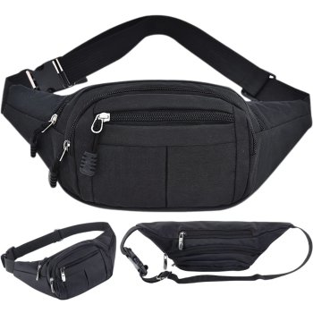 Unisex Fanny Pack Belt Bag with 4 Zipper Pockets, Black