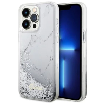Guess dėklas iPhone 14 Pro Max telefonui Liquid Glitter Marble, baltas
