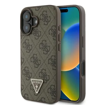 Guess Leather 4G Triangle Strass MagSafe dėklas, skirtas iPhone 16, rudas