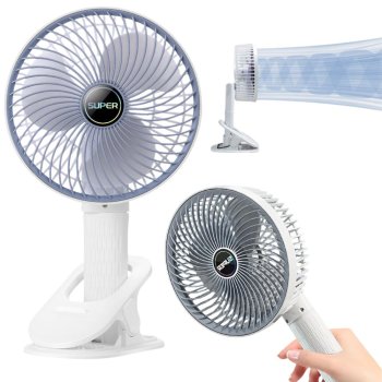 Portable Clip On Desk Fan, 3-Speed Cordless USB Fan, White-Grey