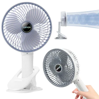 Portable Clip On Desk Fan, 3-Speed Cordless USB Fan, White-Grey