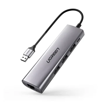 Ugreen CM266 5-in-1 USB Hub USB-A to RJ45, 3x USB-A 3.0, Micro USB Adapter, Gray