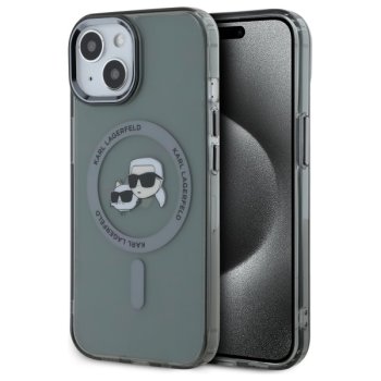 Karl Lagerfeld dėklas iPhone 15 telefonui, MagSafe IML Metal KC Heads, juodas