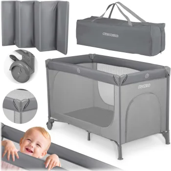 Ricokids RK-240 kelioninė lovelė su čiužiniu ir krepšiu, 125x65x78 cm, pilka