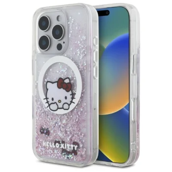 Hello Kitty dėklas iPhone 16 Pro telefonui Liquid Glitter, baltas
