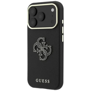 Guess dėklas Grained & Big Resin Logo, skirtas Apple iPhone 18 Pro / 17 Pro, juodas