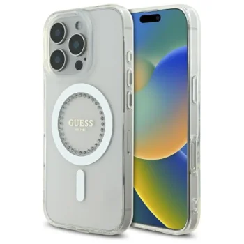 Guess IML Rhinestones MagSafe Case for iPhone 16 Pro Max White