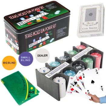 Pokerio rinkinys Texas Hold'em, 200 žetonų, kortos, kilimėlis