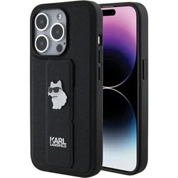 Karl Lagerfeld iPhone 15 Pro Case Gripstand Saffiano Choupette Pins, Black
