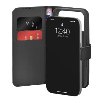 Puro iPhone 17 Pro Max atverčiamas dėklas-piniginė, juodas