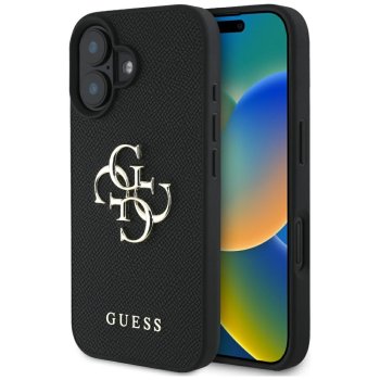 Guess Grained Big 4G Logo dėklas, skirtas iPhone 16, juodas