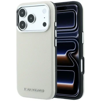 Karl Lagerfeld Grained Elongated Logo MagSafe dėklas iPhone 17 Pro / 18 Pro, smėlio