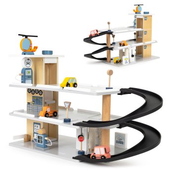 Didelis medinis žaislinis garažas su liftu ir sraigtasparniu ECOTOYS 131160