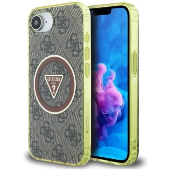 Guess IML Metal Glitter 4G Circle Triangle MagSafe dėklas iPhone 16e, rudas