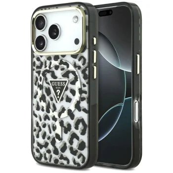 Guess IML Leopard Glitter Triangle Logo MagSafe dėklas iPhone 17 Pro / 18 Pro, juodas