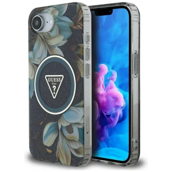 Guess IML Metal Glitter Flowers MagSafe dėklas iPhone 16e telefonui, juodas