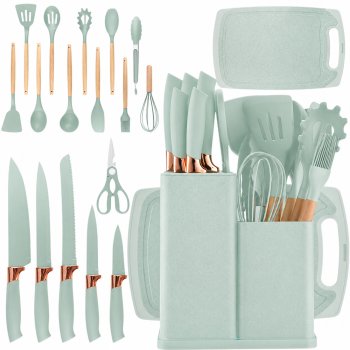 Kitchen Knife and Utensil Set with Cutting Board and Block, 19 Pieces, Green
