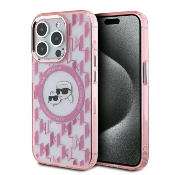 Karl Lagerfeld iPhone 15 Pro Max dėklas IML Monogram Karl & Choupette MagSafe, rožinis
