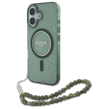 Guess IML Glitter MagSafe dėklas telefonui iPhone 16 Plus su perlų dirželiu, žalias