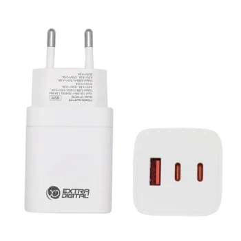 Extra Digital 65W GaN tinklo įkroviklis (2x USB-C, 1x USB-A), Baltas