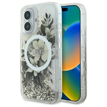 Guess iPhone 16 Case Liquid Glitter Flower MagSafe, Beige
