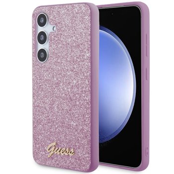 Guess dėklas Samsung Galaxy S24 telefonui Glitter Script, violetinis